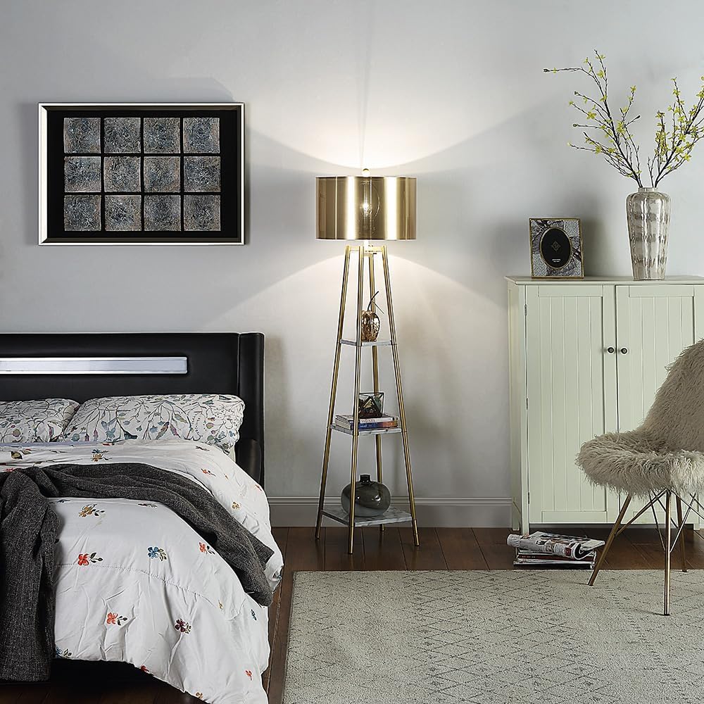 ROSEN GARDEN Floor Lamp, Standing Reading Light with Shelves and Gold Shade, ...