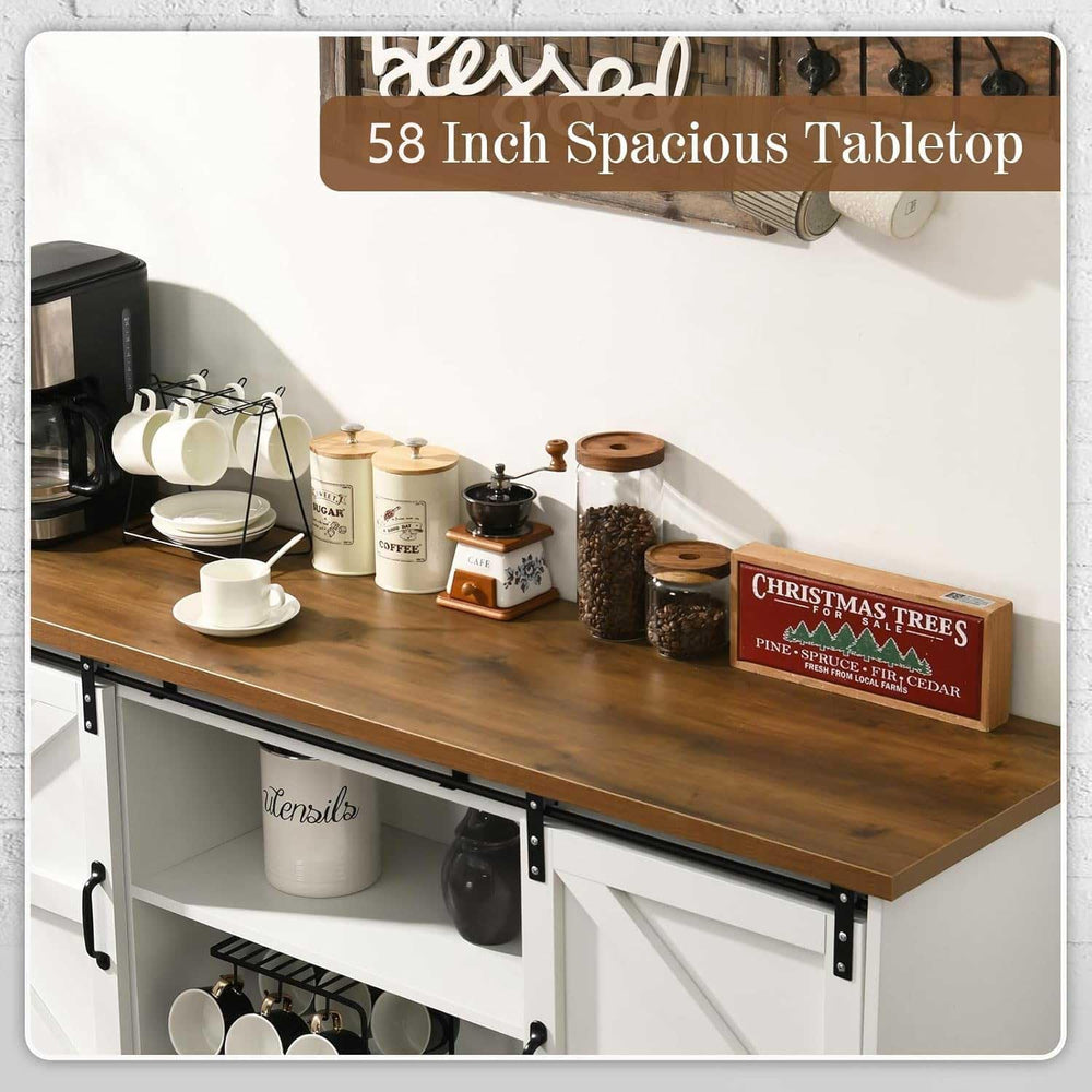 4ever2buy Farmhouse Coffee Bar Cabinet with Sliding Barn Door, 58", White