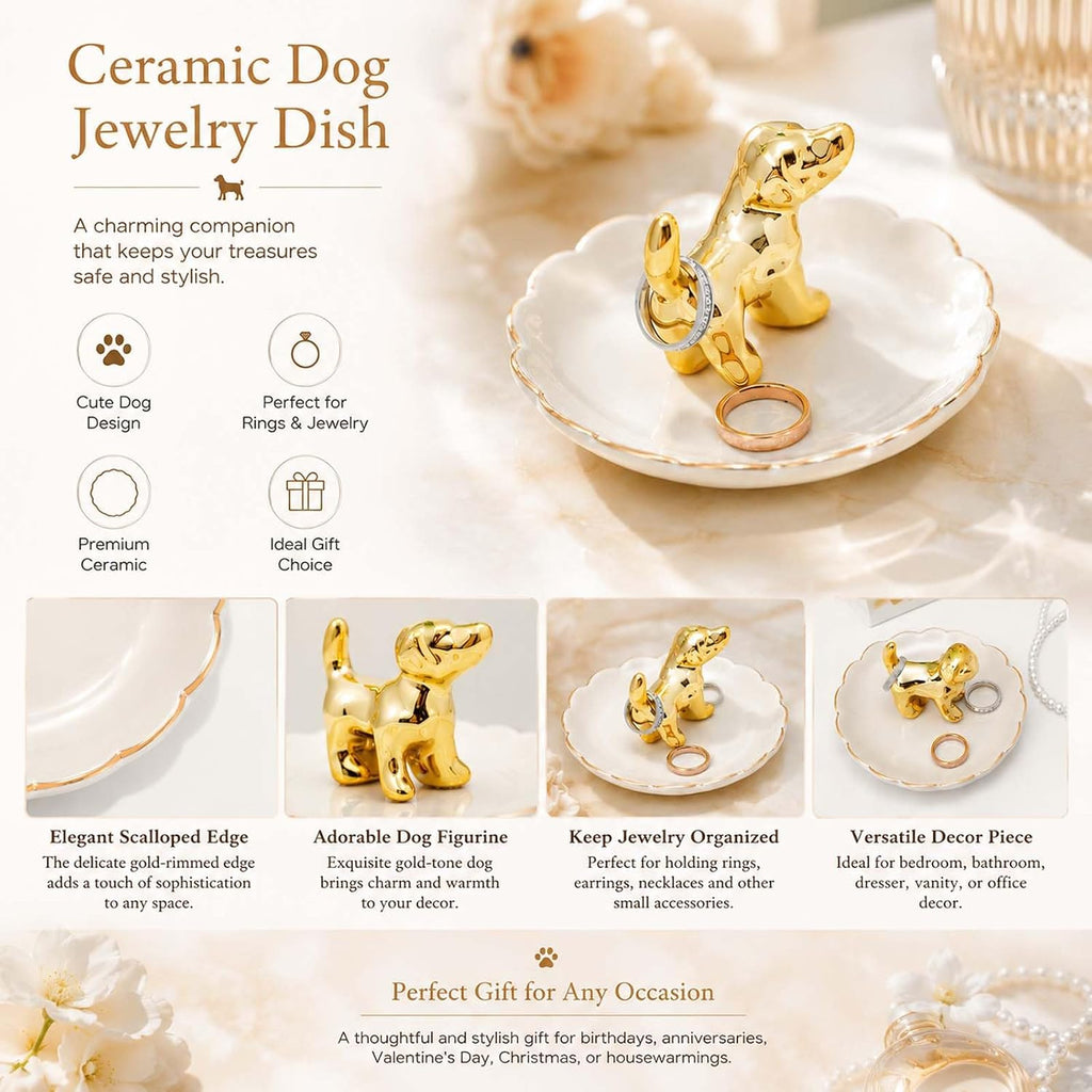 Ceramic Dog Ring Holder with White Dish,Ring Dish Trinket Tray for Rings,Earrings,Jewelry Organizer,Gifts for Women (Dog-B)