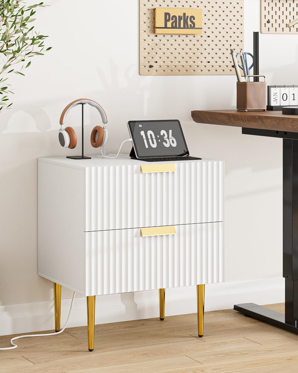 Nightstand with Charging Station, Bedside Table with Gold Frame,White Night S...