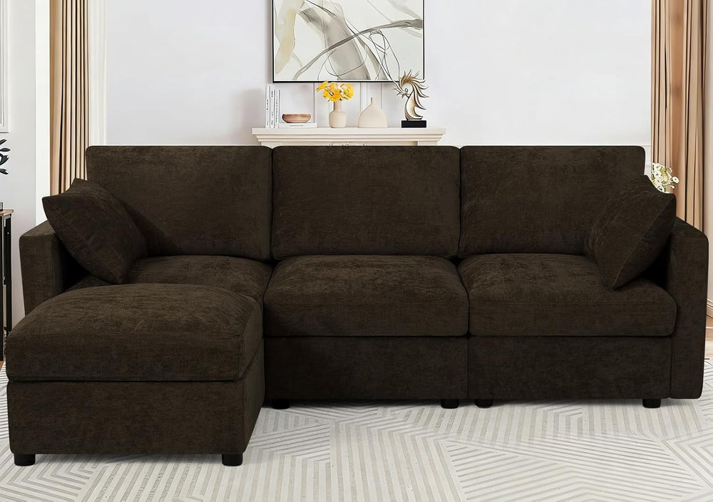 84” Chenille 3-Seats Sofa W/Movable Ottoman, Brown | Modern Fabric L-Shaped C...