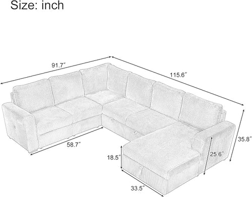 115.6 Inch U-Shaped Modular Sectional Sofa with Pull Out Bed, Storage Chaise and USB interfaces, Oversized Upholstered Combination Corner Couch for Living Room, Office, Spacious Space, Beige
