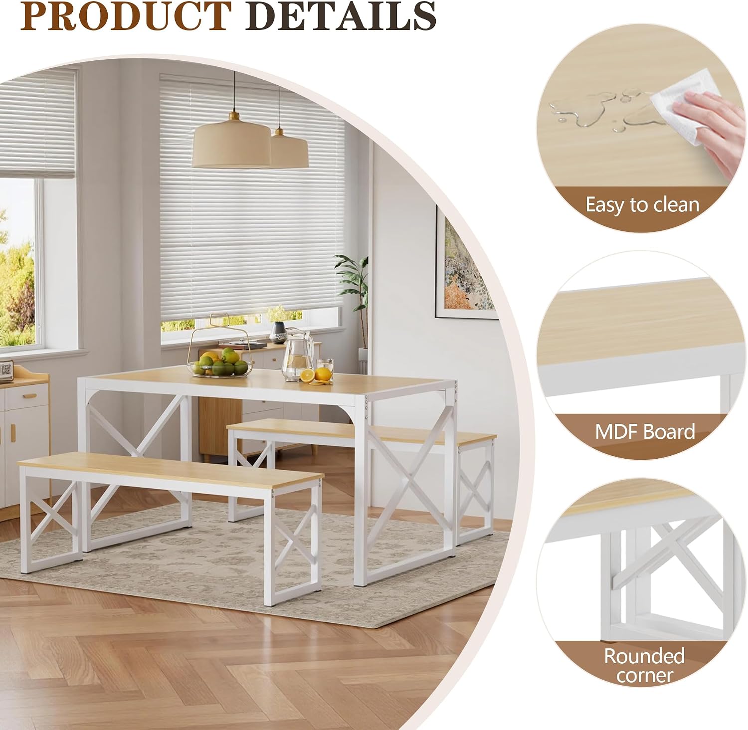 VECELO 55” Kitchen Dining Table Set for 4, Heavy-Duty Steel Frame & Wood-Grain Tabletop, Space-Saving Dinette Sets with 2 Benches for Breakfast Nook and Small Space, Natural