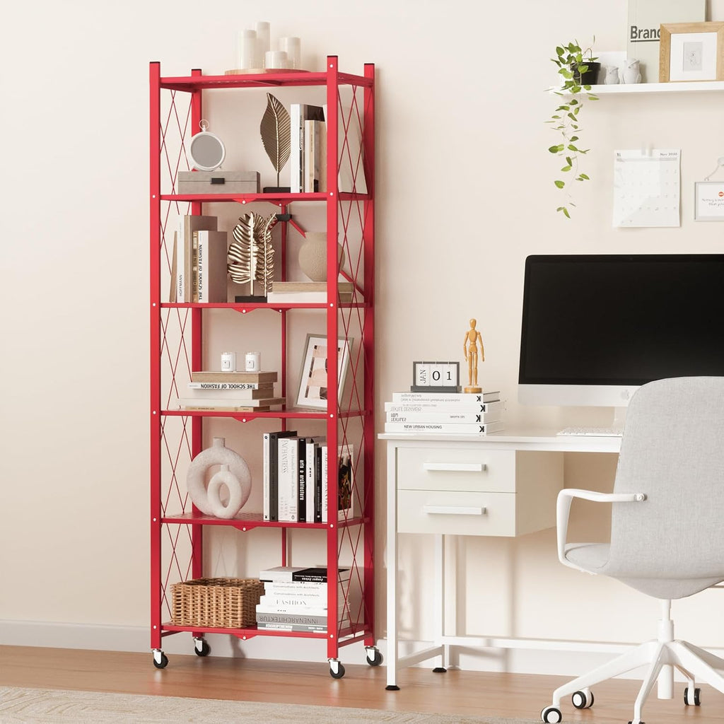 ALANNG 73.6 Inch Folding Bookshelf, 6 Tier Metal Bookcase and Bookshelves | Tall Shelves for Living Room Office Bedroom, Heavy Duty Book Shelve Free Standing Open (Red, 1PACK)