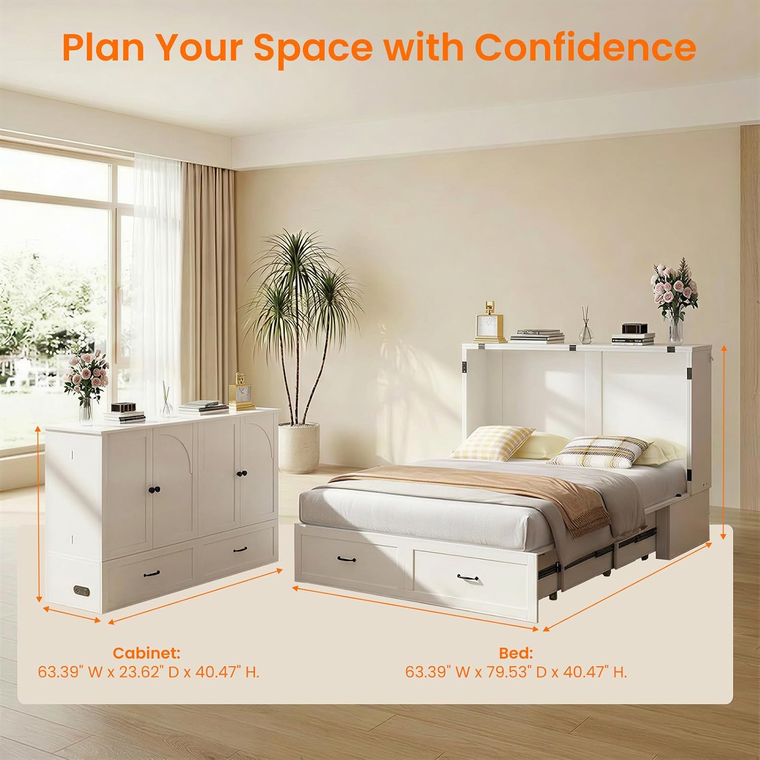 CECER Queen Size Murphy Bed with Storage & Charging Station,Multi-Functional Murphy Cabinet Bed with Mattress Included for Bedroom/Guest Room/Small Space,Easy Assembly -White | Murphy Bed Queen with 2 Storage Drawers,Cabinet Bed with Built-in Multi-Port