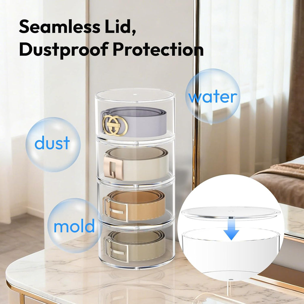 Belt Organizer for Closet Storage: Clear Acrylic 4-Layer Stackable Belt Box, Space-Saving Neat Case Holder