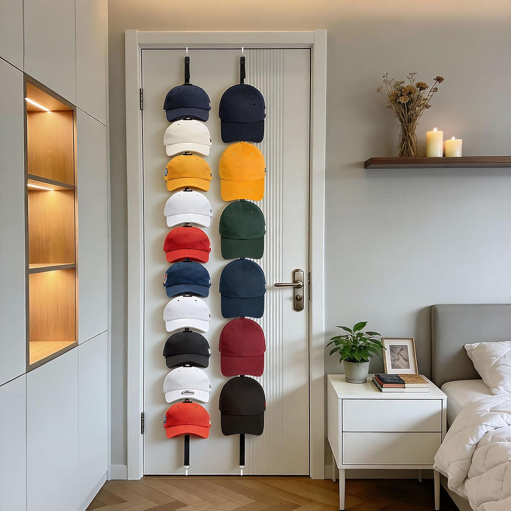 2Pack Hat Organizer for Baseball Caps, Hat Rack for Wall with Display Hooks - Organizador de Gorras for Closet Door, Bedroom and Entrance (Black)