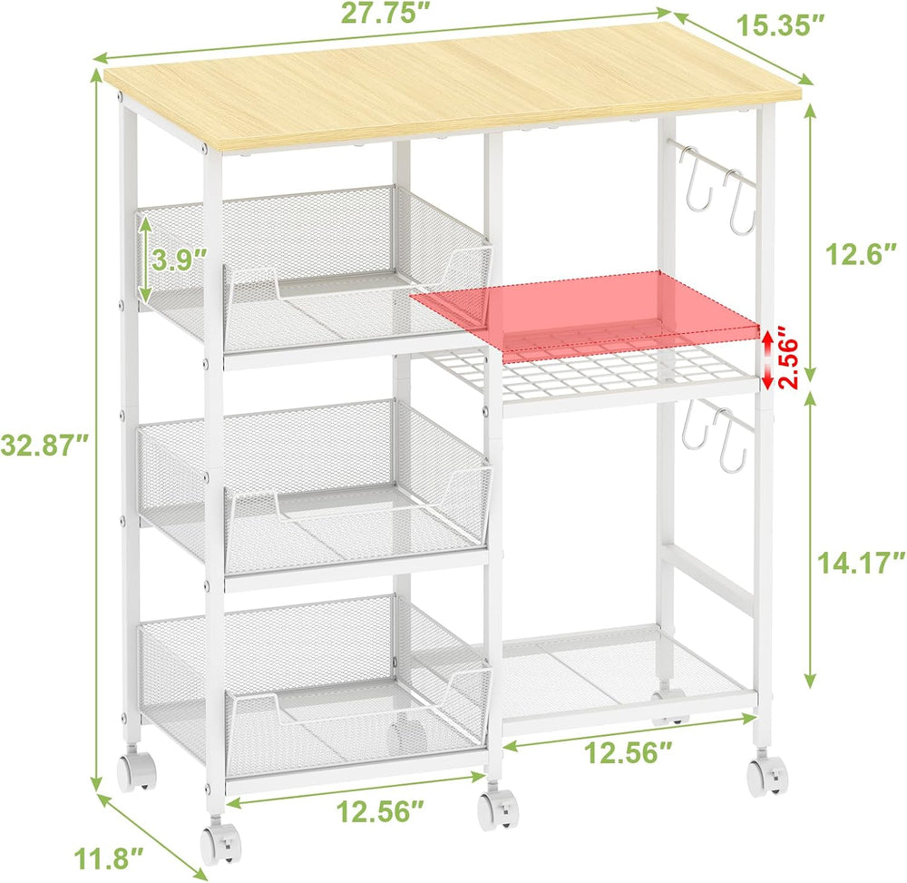 Rolling Kitchen Microwave Organizer Cart, Adjustable Shelves, White | Kitchen...