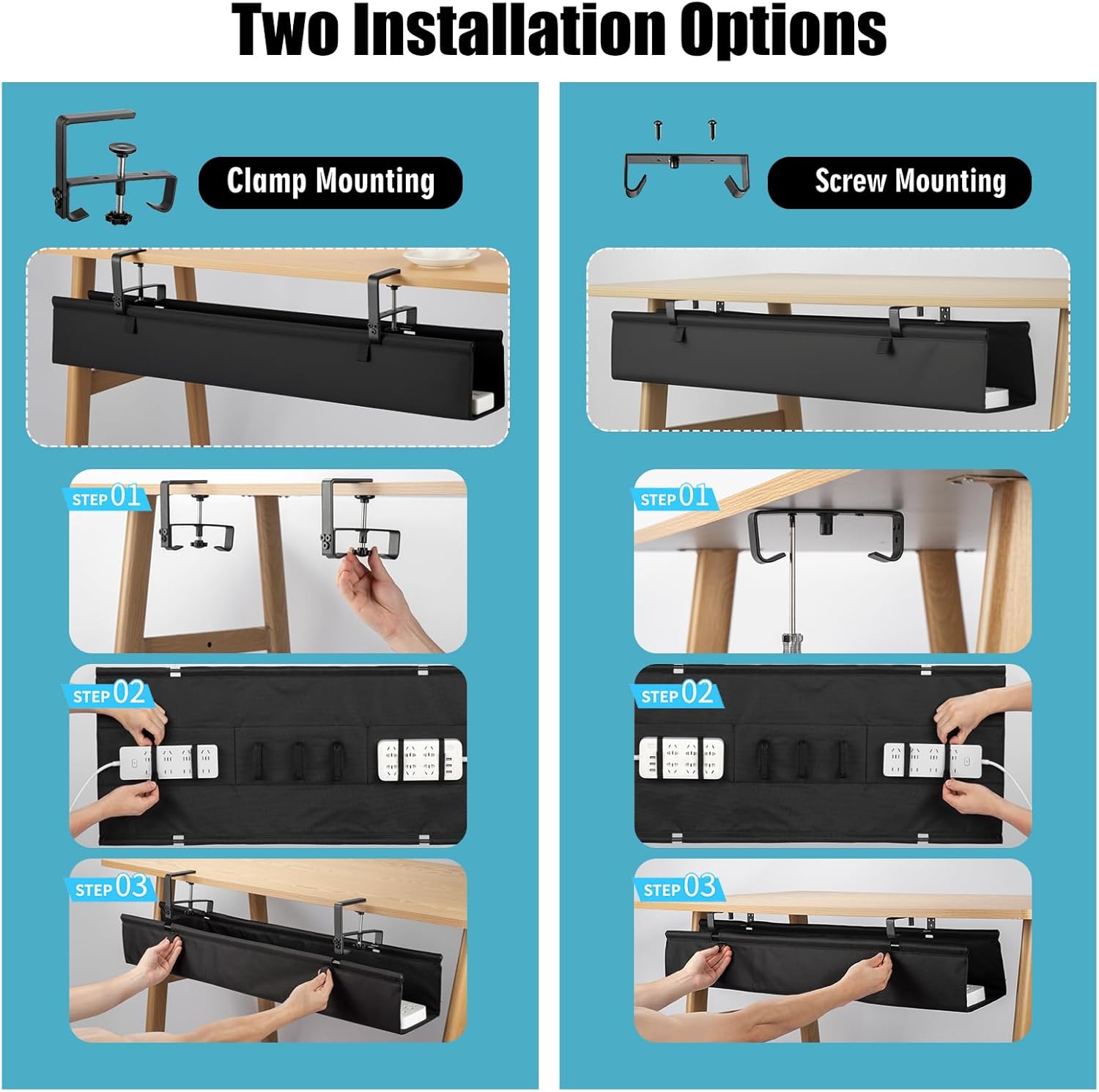 Oxford Cloth Under Desk Cable Management Tray,No-Drill 48" Desk Cable Management Organizer with Clip/Screw Installation,Holds Up to 70 lbs,Fabric Cable Management for Home,Office & Gaming Computer