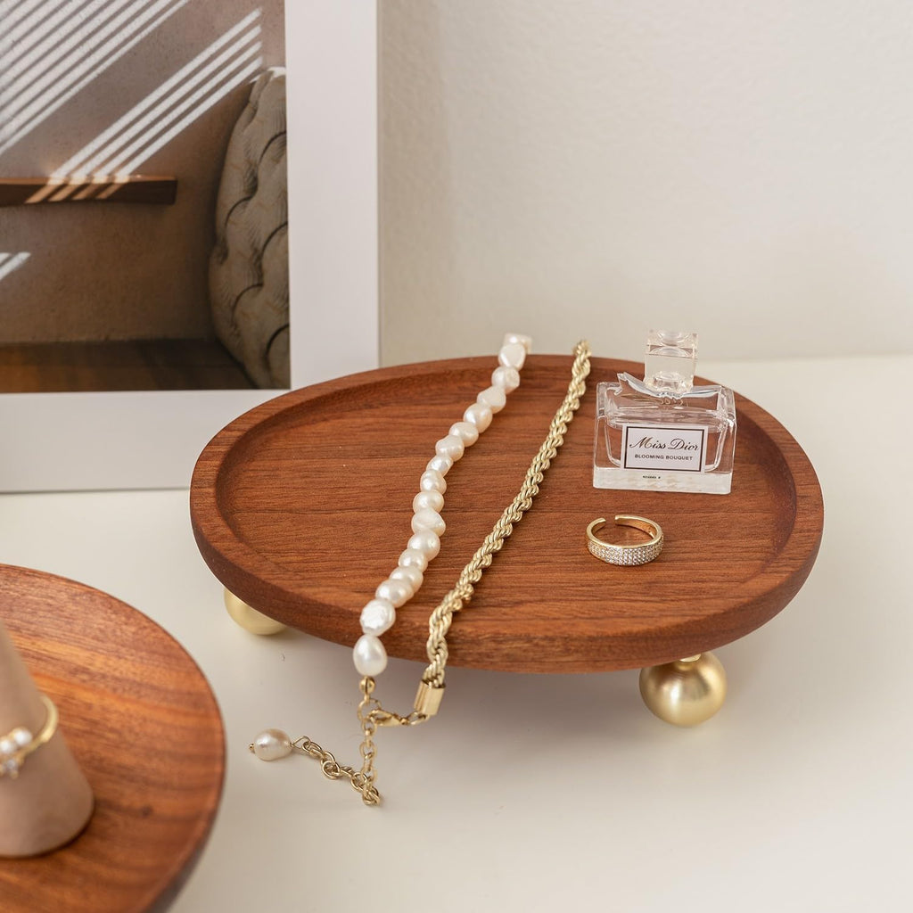 Wooden Jewelry Display Tray, Mothers Day Gifts Presentation Tray, Organizer for Rings, Necklaces, Earrings, Catchall Holder, Trinket Dish, Key Tray (Oval)