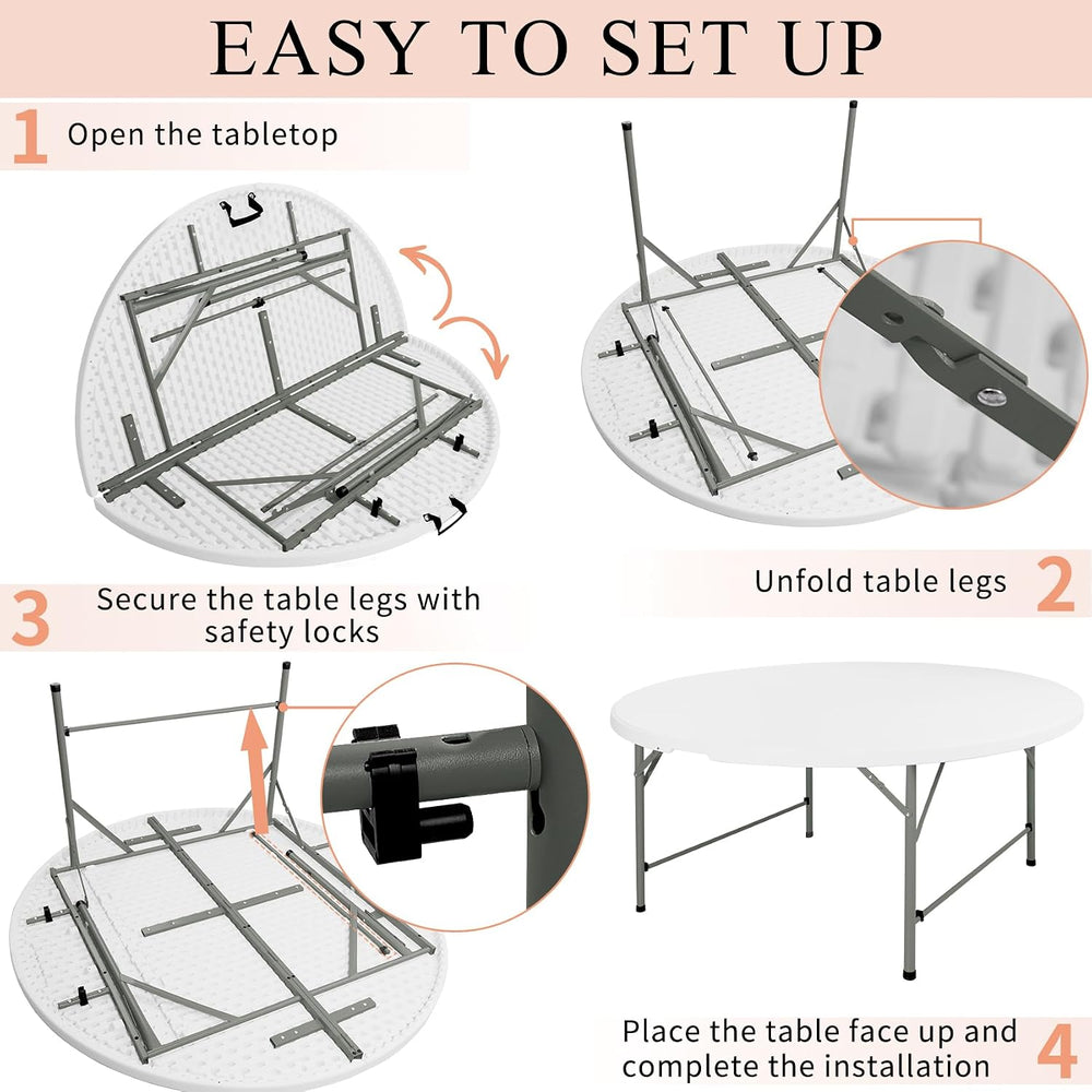 4 FT Round Folding Tables with Carrying Handle Lightweight Portable Plastic C...