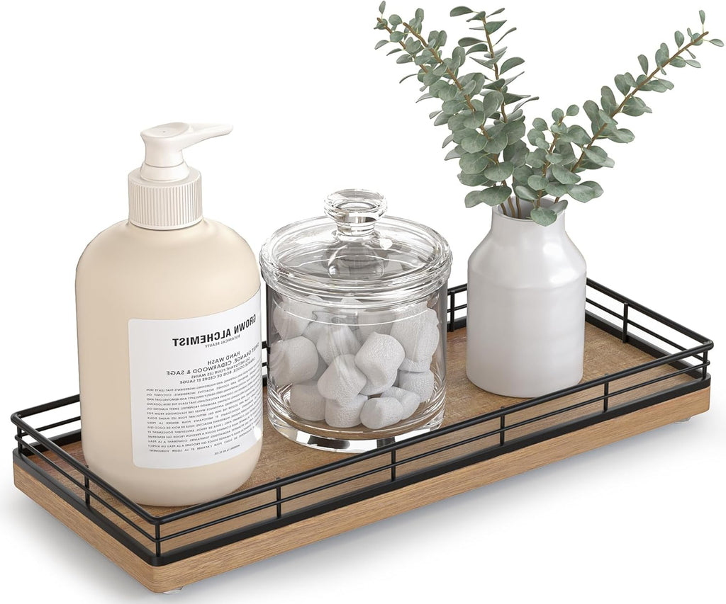Bathroom Tray for Counter Top Organizer – Acacia Wood Vanity Tray with Metal Frame for Dresser, Kitchen, Nightstand – Black & Acacia Decorative Storage