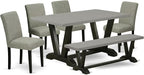East West Furniture V696AB106-6 6 Piece Modern Dining Table Set Contains a Rectangle Wooden Table with V-Legs and 4 Shitake Linen Fabric Parson Chairs with a Bench, 36x60 Inch, Multi-Color
