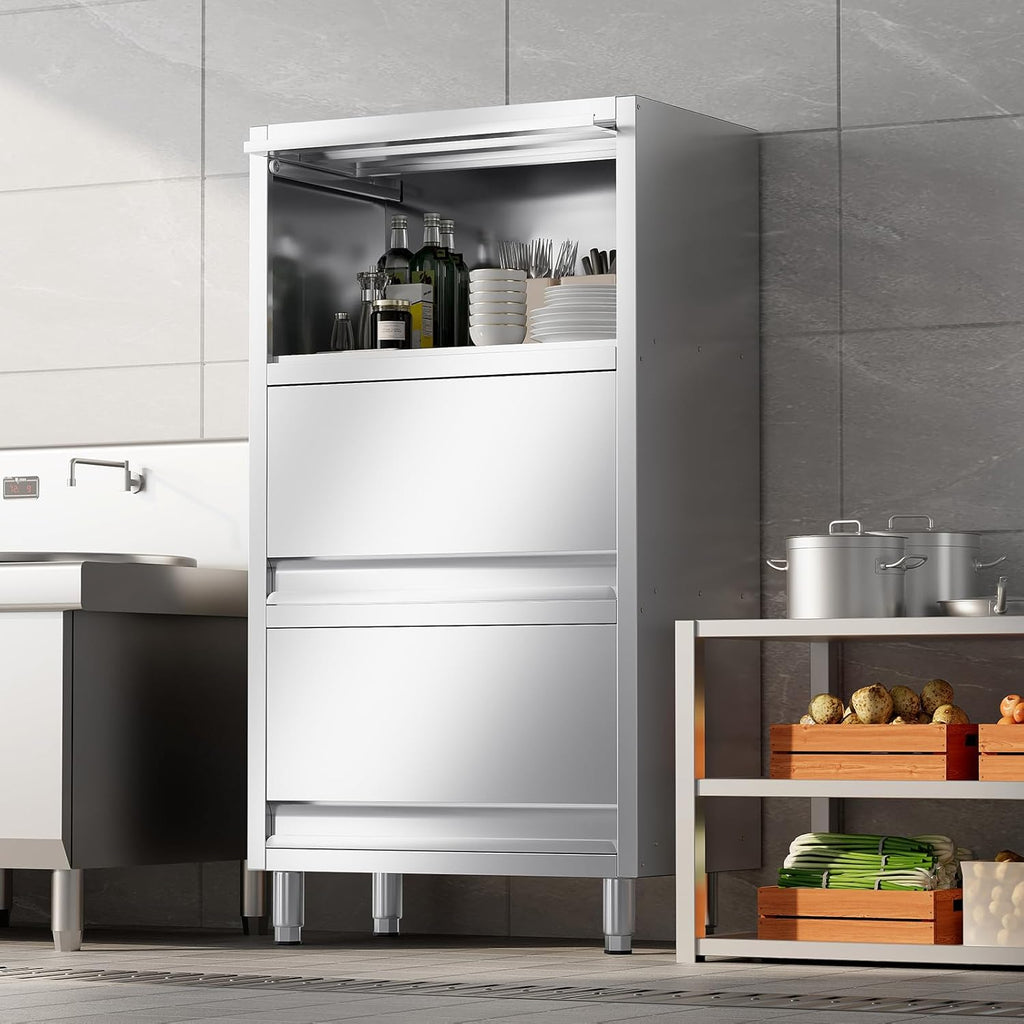 3-Tier Stainless Steel Storage Cabinet, Freestanding Commercial Kitchen Cabinet with Flip-up Doors, Heavy Duty Garage Storage Rack for Warehouse Shop, 19.69" D x 31.5" W x 59.06" H