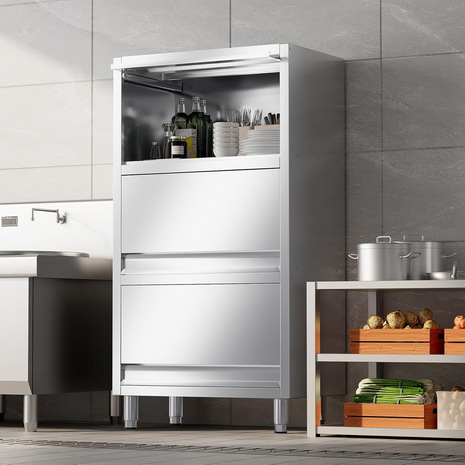 3-Tier Stainless Steel Storage Cabinet, Freestanding Commercial Kitchen Cabinet with Flip-up Doors, Heavy Duty Garage Storage Rack for Warehouse Shop, 19.69" D x 31.5" W x 59.06" H