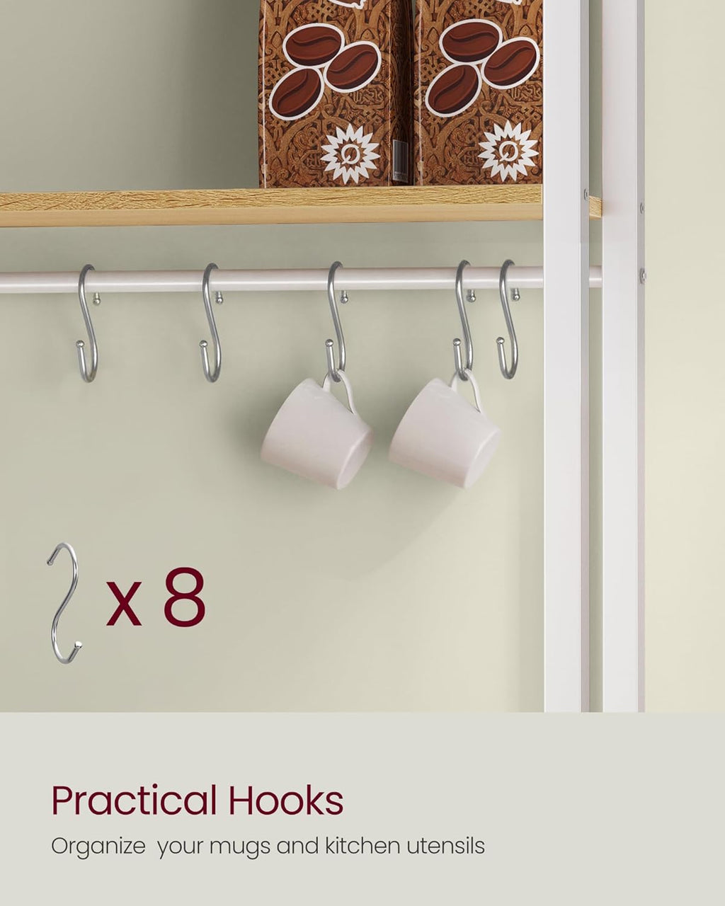VASAGLE Kitchen Bakers Rack with Power Outlet, Coffee Bar with 35.4-Inch High Worktop, Microwave Stand with 8 Hooks, 15.7 x 31.5 x 66.9 Inches, Golden Oak and Cloud White UKKS059Y01