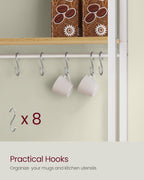VASAGLE Kitchen Bakers Rack with Power Outlet, Coffee Bar with 35.4-Inch High Worktop, Microwave Stand with 8 Hooks, 15.7 x 31.5 x 66.9 Inches, Golden Oak and Cloud White UKKS059Y01