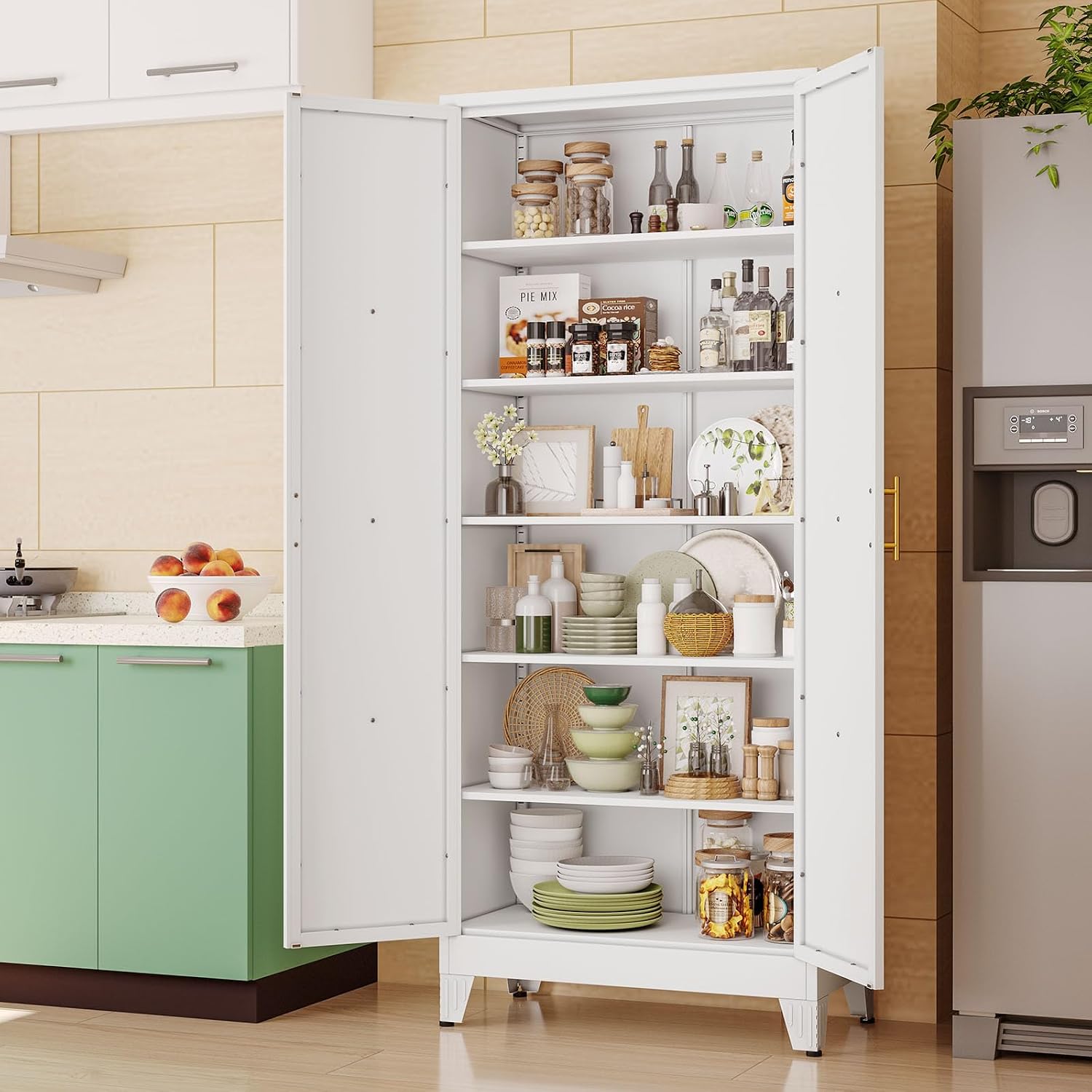 pozdeg 75" Tall Metal Kitchen Pantry Storage Cabinet with 2 Doors and 5 Adjustable Shelves, White Food Freestanding Cupboard for Kitchen, Dining Room, Bathroom and Garage (White)