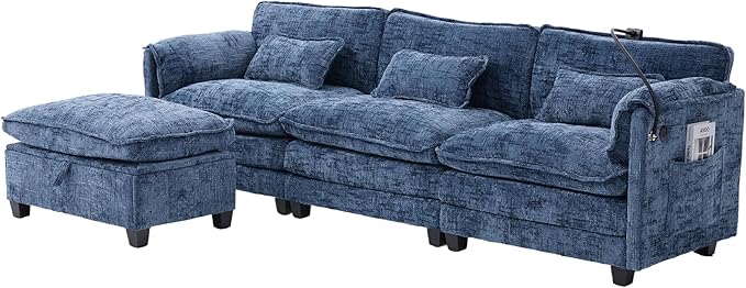 Ball & Cast Modular Sectional Sofa,L Shaped Couch with Movable Storage Ottoman,Chenille Upholstered Sofa W/USB Charging Port,Phone Holder and Side Pocket,for Living Room,Apartment,Navy,109"