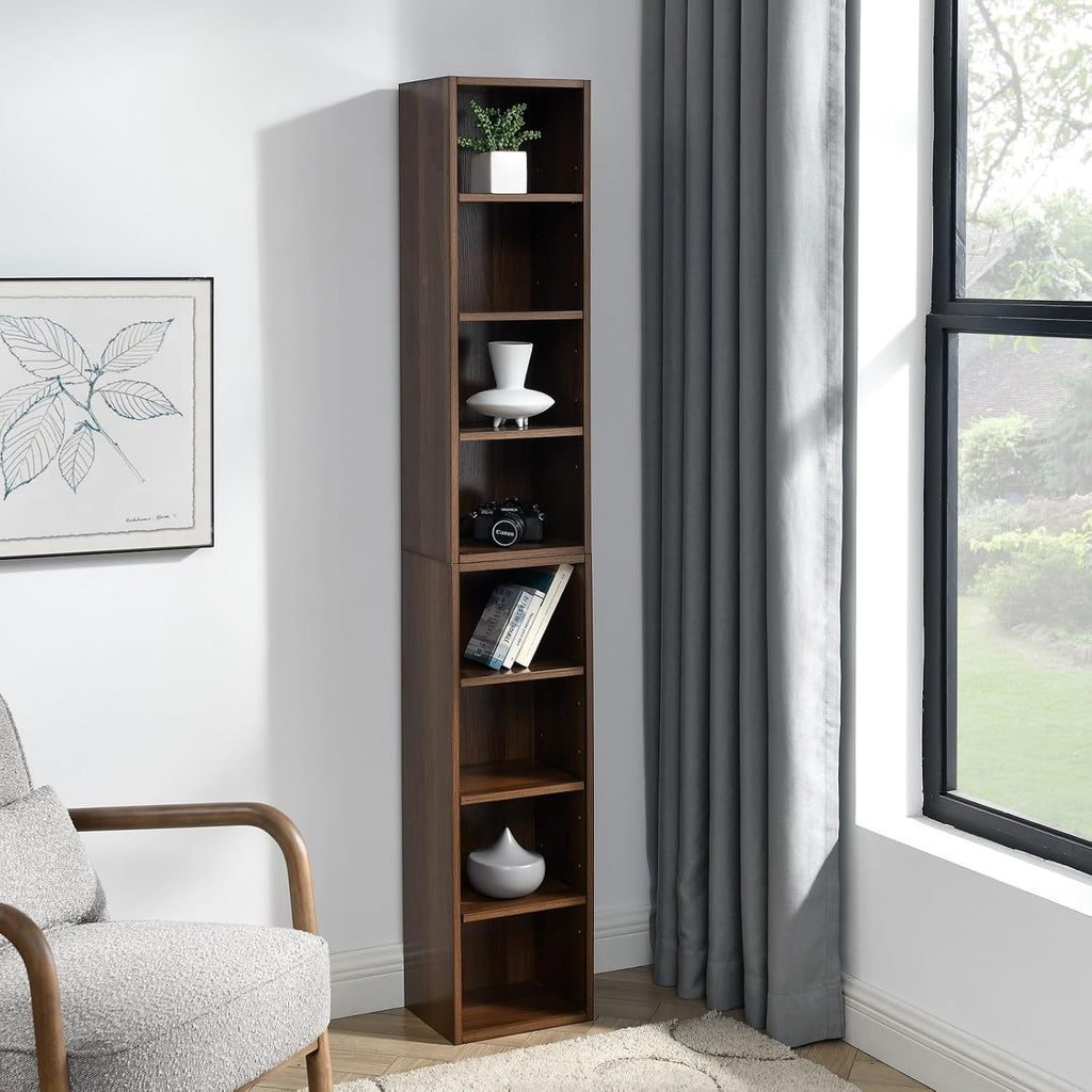 8-Tier CD Storage Cabinet, Slim DVD Shelf Narrow Bookshelf, Disassembled CD DVD Media Tower Rack with Adjustable Shelves for Home Office 11.6l'' x 9.25w'' x 70.8h'' Walnut
