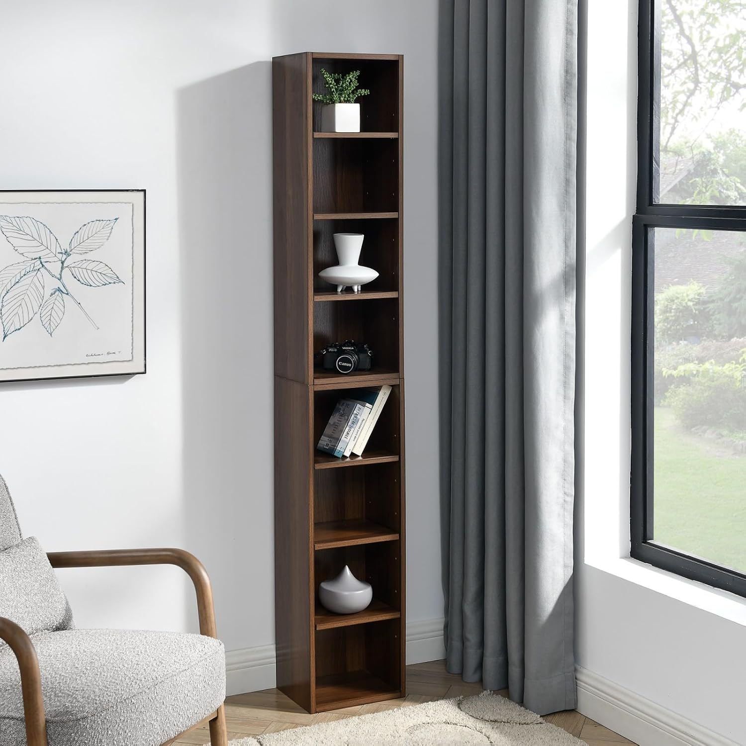 8-Tier CD Storage Cabinet, Slim DVD Shelf Narrow Bookshelf, Disassembled CD DVD Media Tower Rack with Adjustable Shelves for Home Office 11.6l'' x 9.25w'' x 70.8h'' Walnut