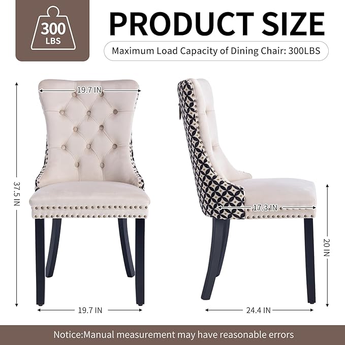 Velvet Dining Chairs Set of 2, High-end Tufted Upholstered Dining Chair with Back Ring Pull, Nailhead Trim and Solid Wood Legs, Modern Dining Room Chairs for Dining Room, Beige &Patterned
