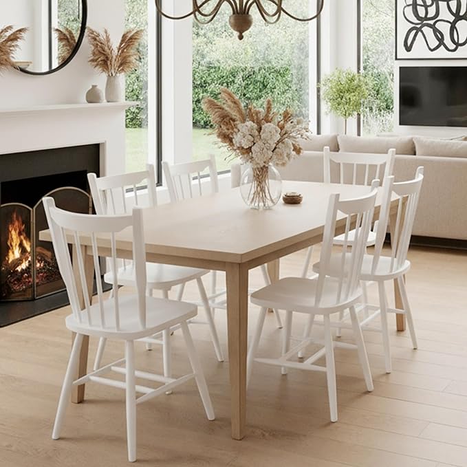 HNY White Windsor Dining Chairs Set of 6, Farmhouse Wooden Kitchen Chairs with Spindle Back, Mid Century Modern Armless Kitchen Side Chair for Dining Living Room Restaurant