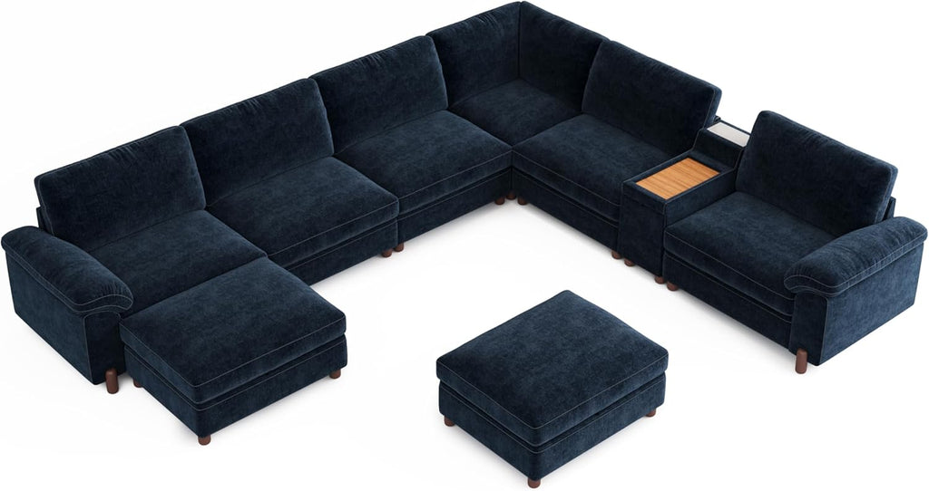 Cloud Couch Sectional, 6 Seater with Console, Chenille in Navy Blue | Detachable and Washable Cover, Sectional Sofas for Living Room, Deep Seat Wide Couch with Chaise, Storage Ottoman