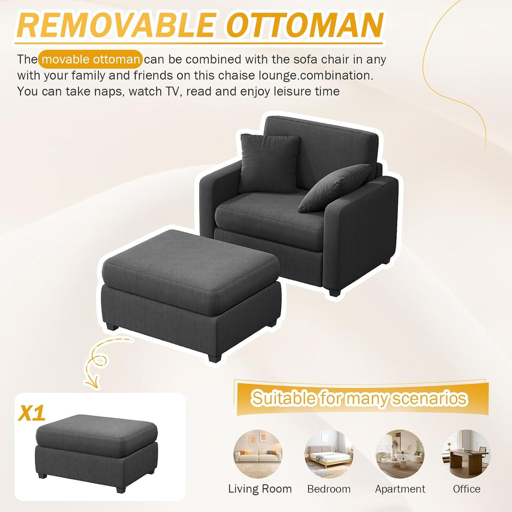 42" Oversized Chaise Lounge Chair Indoor, Corduroy Upholstered Cloud Sof...
