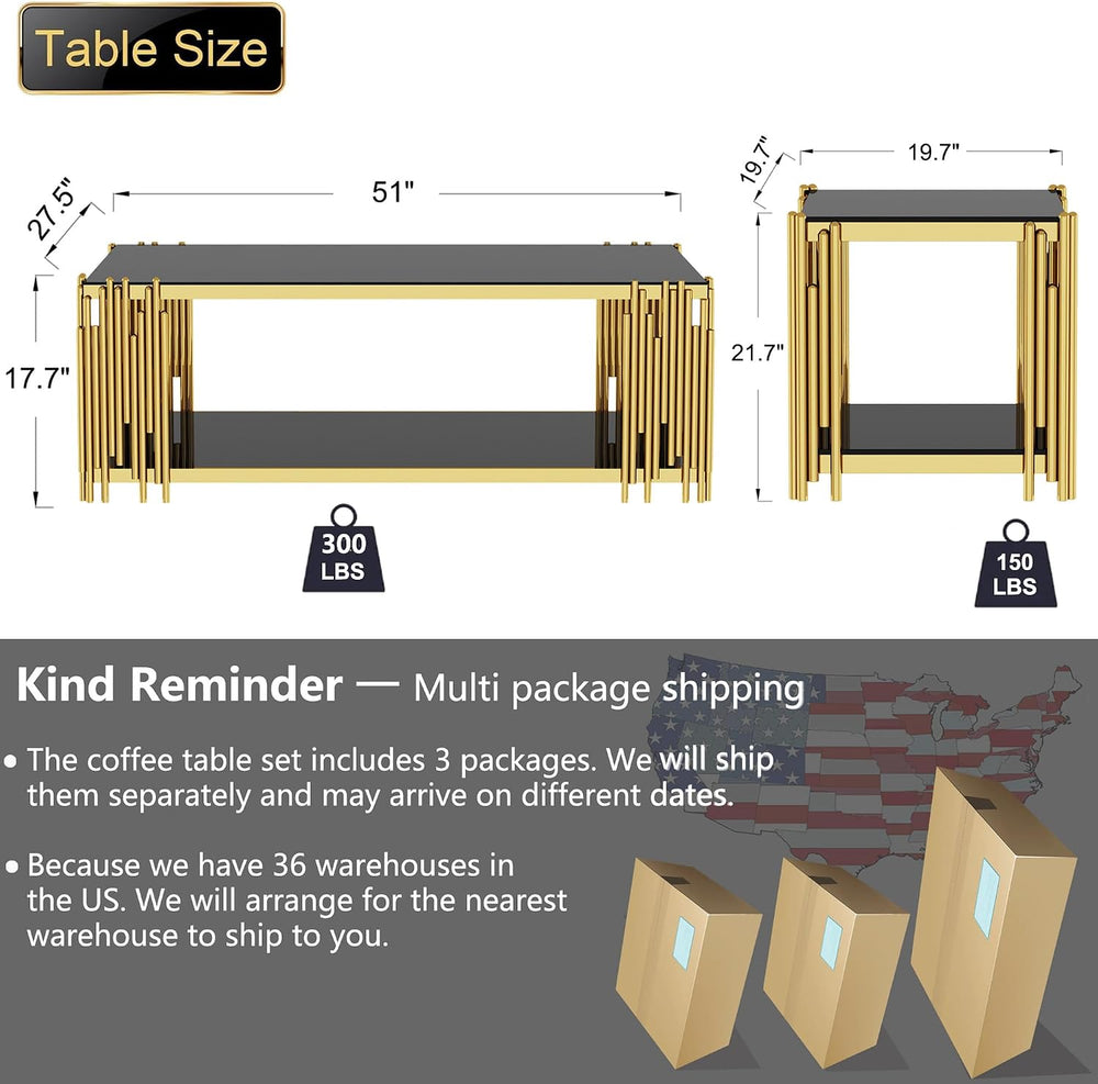 Glass Coffee Table Set of 3, End Table Modern Living Room Table Rectangle Cle...