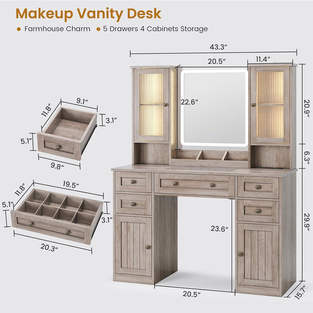 MSmask Vanity Desk with LED Mirror & 3 Color Modes, Large Makeup Vanity w...