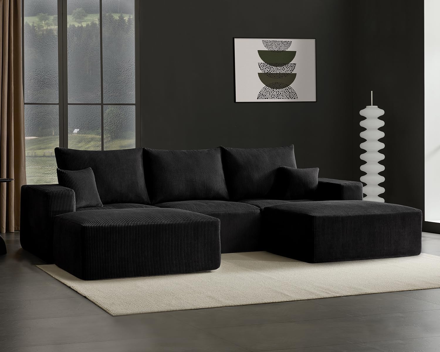 113" Modular Sectional Sofa Boneless U-Shaped Couches for Living Room | Modern Corduroy Cloud Couch Sofa with Memory Foam Deep Seat and Non-Slip Base, No Assembly, Black