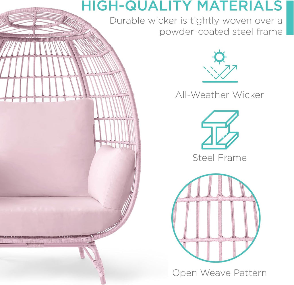 Best Choice Products Wicker Egg Chair, Oversized Indoor Outdoor Lounger for Patio, Backyard, Living Room w/ 4 Cushions, Steel Frame, 440lb Capacity - Pink/Pink