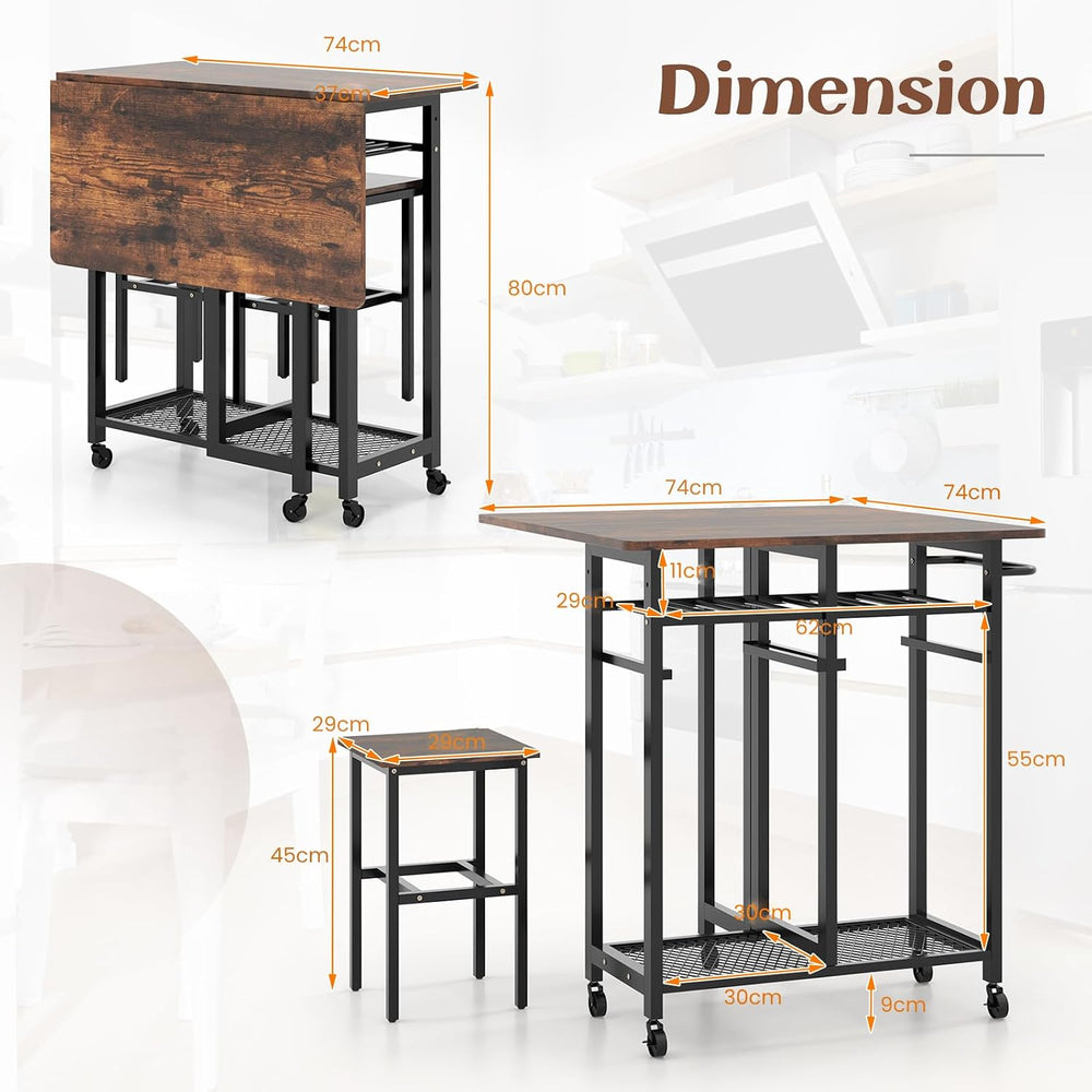 TANGZON 3 Piece Dining Table Set, Folding Drop Leaf Dining Table and 2 Stools...