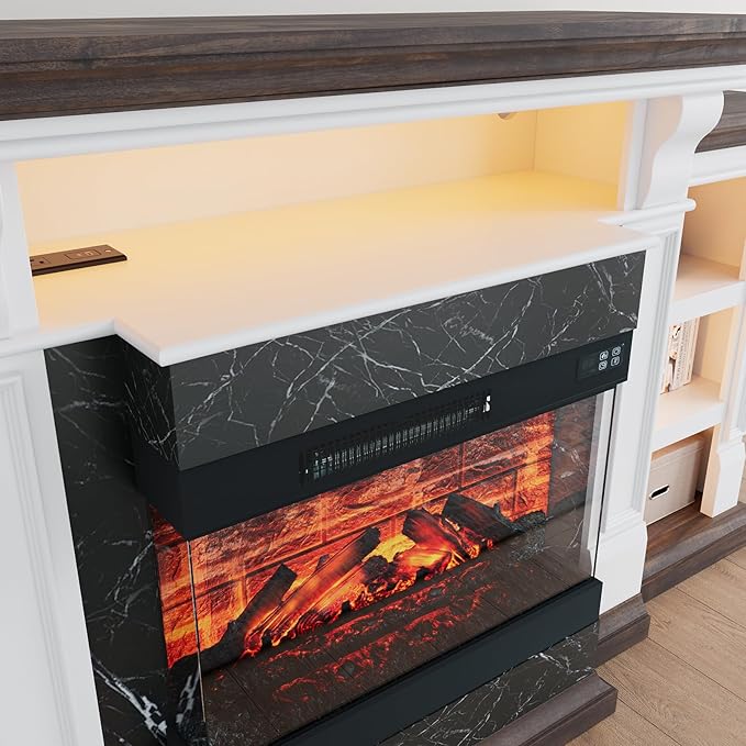 Naice 72" Electric Fireplace with Mantel and Cabinets, Fireplace TV Stand for TVs up to 80", LED Light & Power Outlet, 3-Side Glass Realistic Flame Insert Heater for Living Room Bedroom