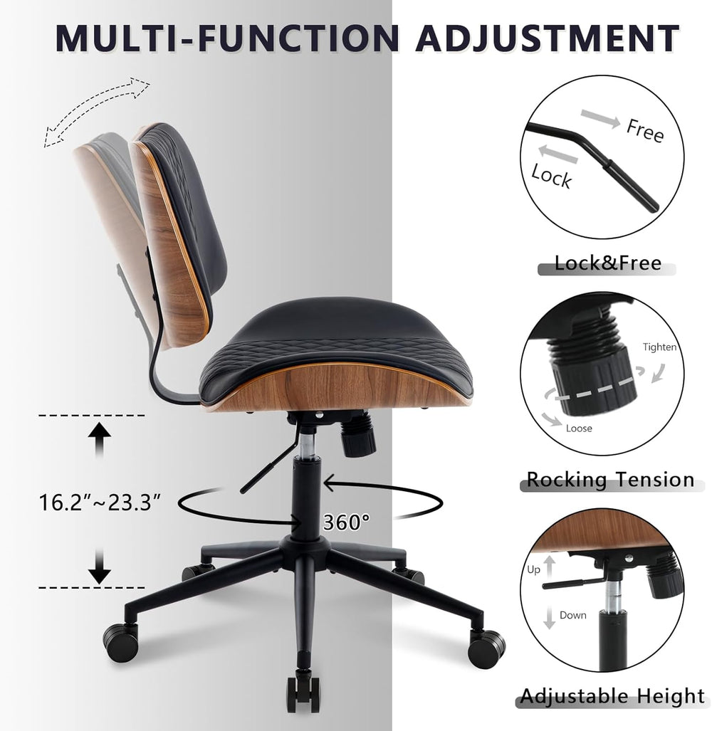 Home Office Chair No Arms with Wheels, Adjustable Height Small Desk Chair, PU...