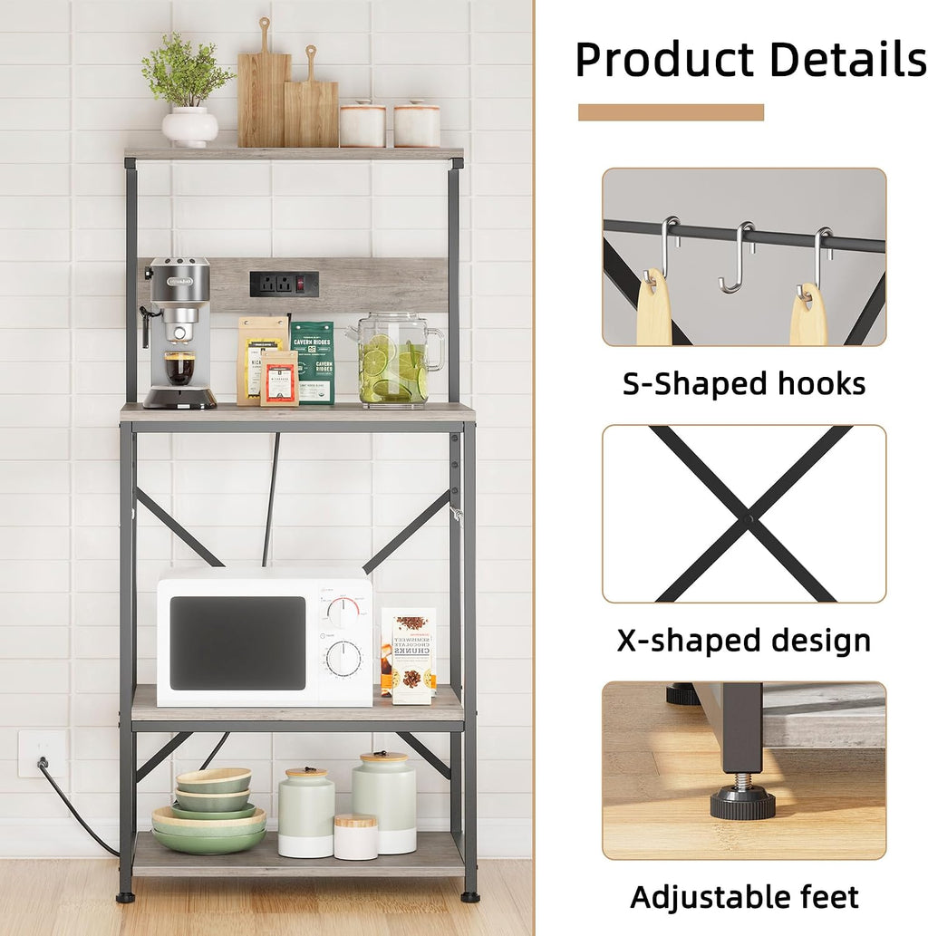 Kitchen Bakers Rack with Power Outlet, Microwave Stand with 6 S-Shaped Hooks, 4-Tier Coffee Bar Microwave Rack (Grey)