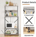 Kitchen Bakers Rack with Power Outlet, Microwave Stand with 6 S-Shaped Hooks, 4-Tier Coffee Bar Microwave Rack (Grey)