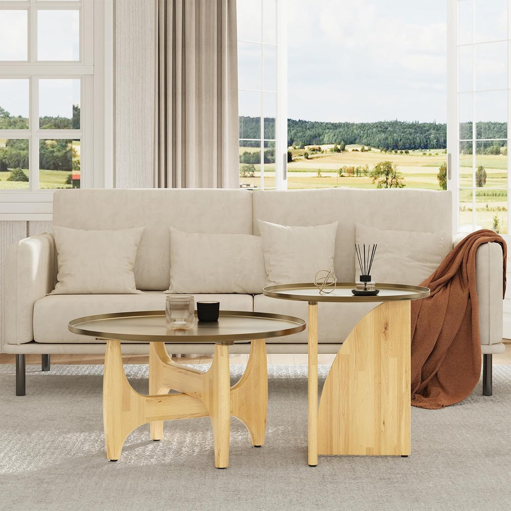 Farmhouse Rubberwood End Table, Beige Rustic End Table with Stainless Steel T...