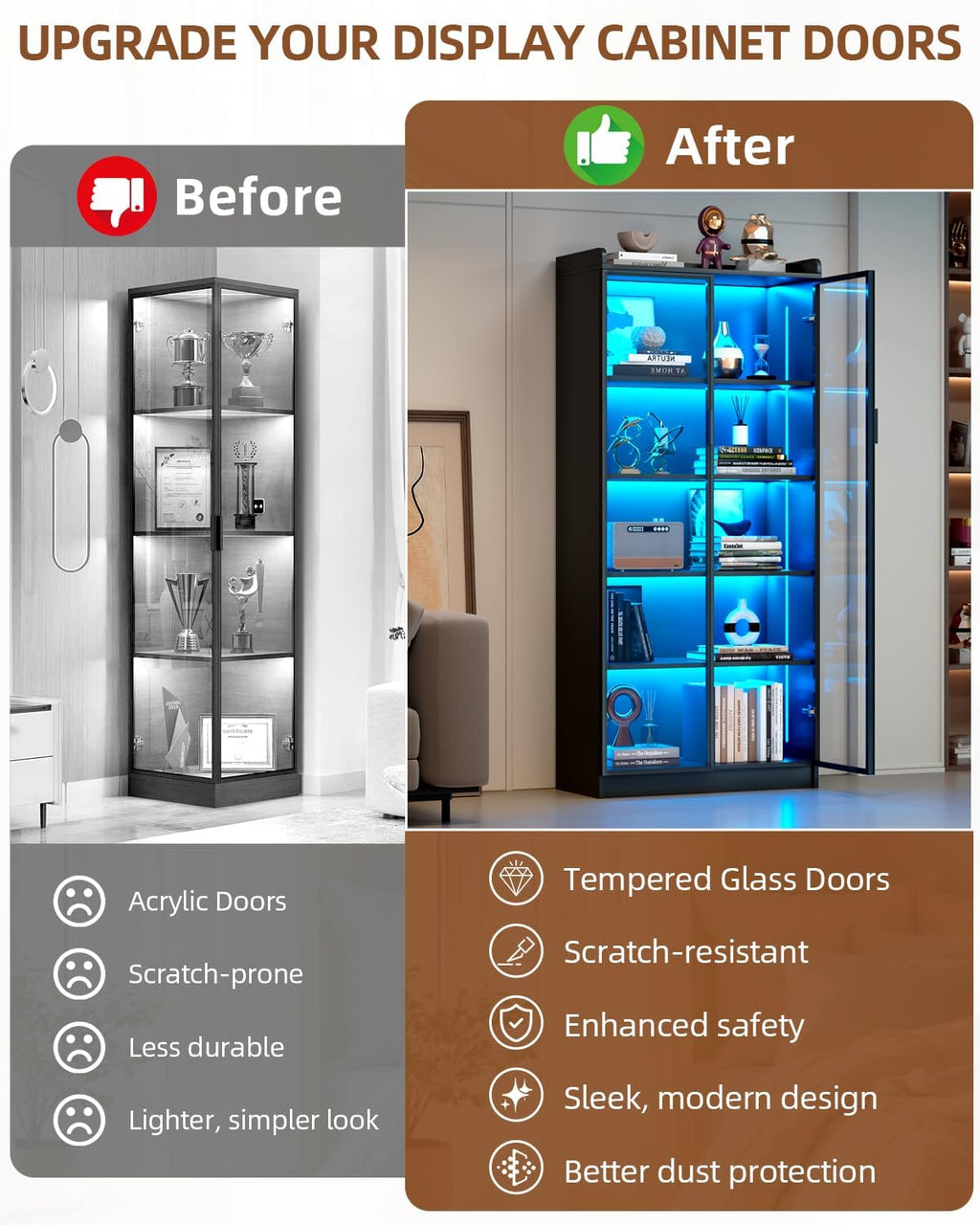 Display Cabinet with Glass Doors and Shelves, 65" Tall Curio Cabinet with LED Lights/Human Sensor, 5 Tier Display Case for Collectibles Bedroom Living Room Office, Black