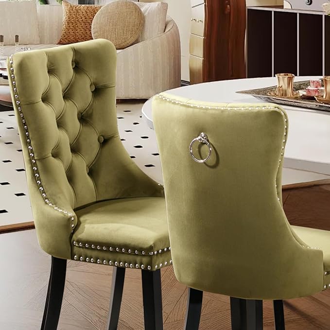 Velvet Upholstered Dining Chairs Set of 4, Modern Style Kitchen Side Chairs with Nailhead Trim and Wood Legs,Metal Pulling Ring for Dining Room Living Room(Olive Green,Set of 4)