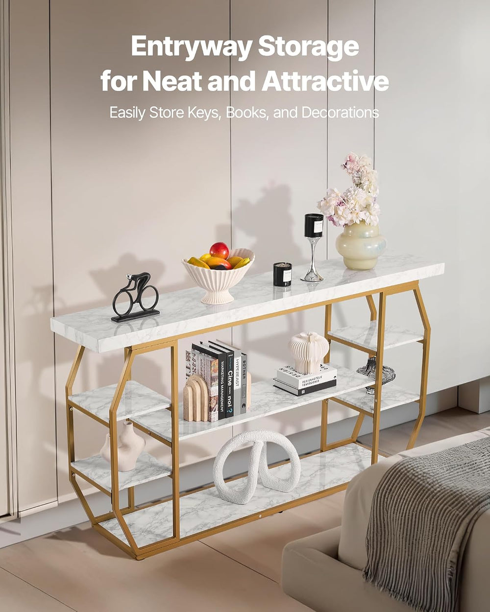 VEVOR Marble Console Table, 3 Tiers Modern Console Table for Open Storage, Go...