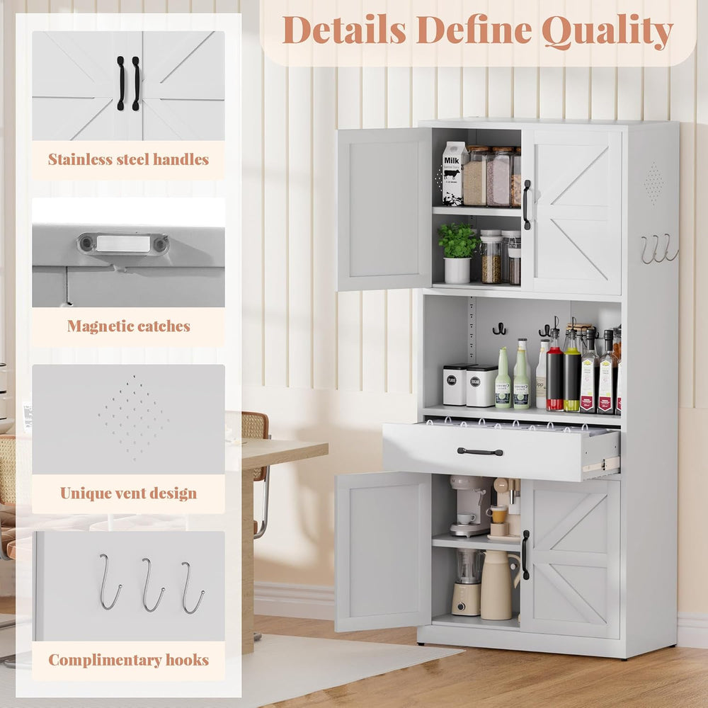 72" H White Steel Kitchen Pantry Storage Cabinet with Countertop | Metal...