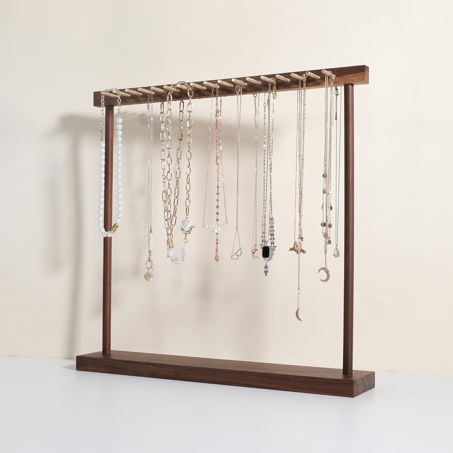 GemeShou Large necklace hanger shelf with 17 copper bars, Wooden jewelry storage organizer rack for hanger necklace bracelet, necklace display stand for boutique store【Walnut】