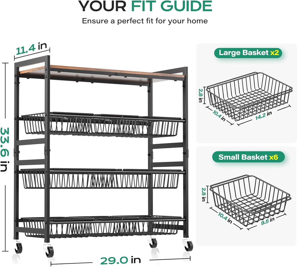 Cinati 4-Tier Utility Kitchen Cart with Wood Top, 29" W Kitchen Storage ...