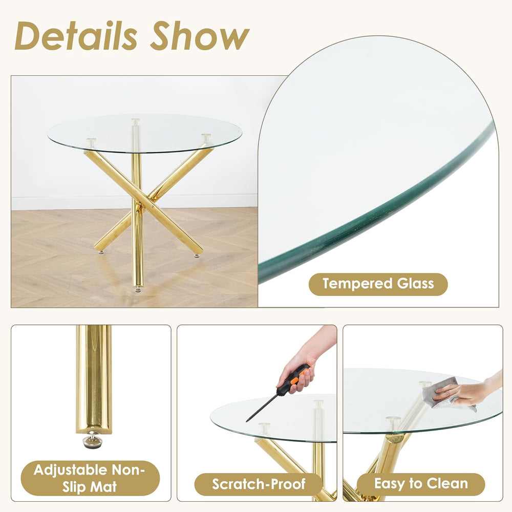Modern Gold Round Glass Dining Table Set for 4, 36'' Luxury Minimalis...