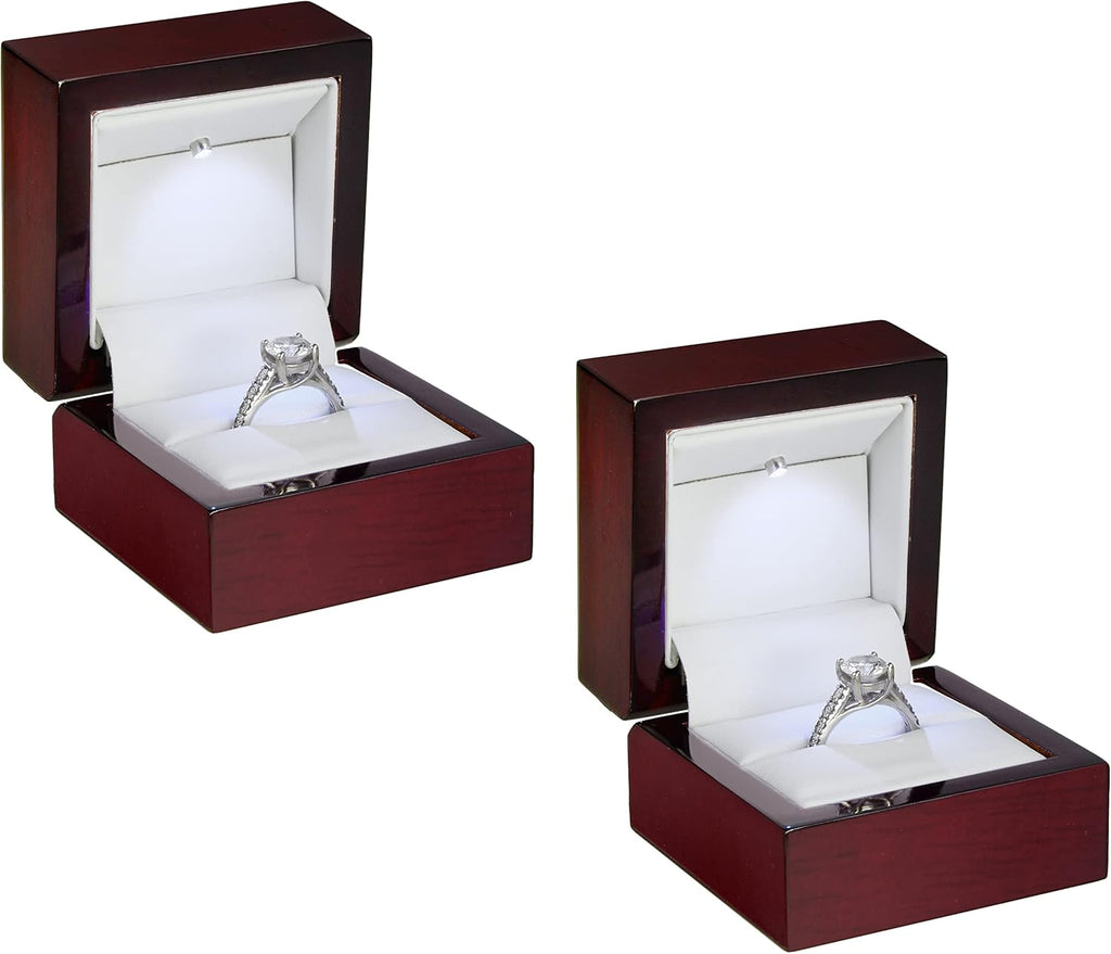 Allure - 2 Pack, Luxury Ring Box With LED Light, Authentic Mahogany Wood With White Leatherette Insert, Square Elegant Diamond Ring Case For Unique Proposal Or Wedding, Small Jewelry Display Gift Box.