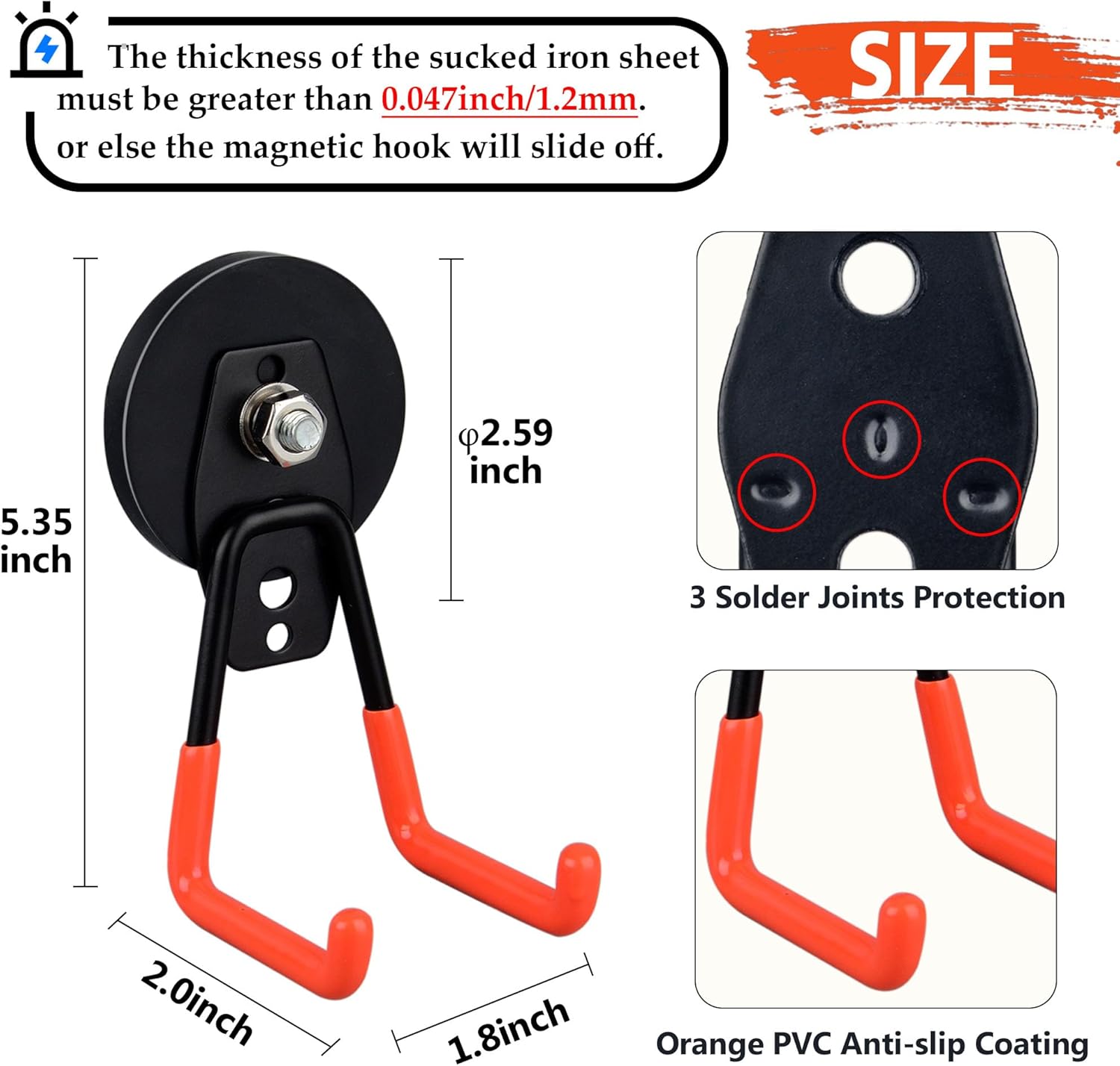 ULIBERMAGNET Heavy Duty Magnetic Garage Hooks,Strong Large Magnet Hooks for Power Drill,Garden Tools,Hose,Pegboard,Garage, Workshop,2 Pack Magnetic Storage Holder for Indoor Outdoor Hanging(Orange)