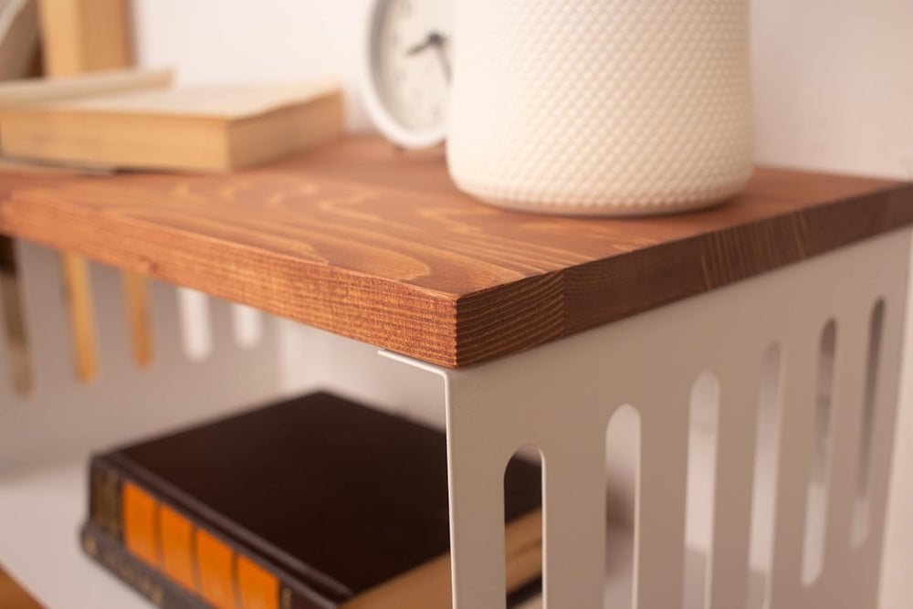 Floating Nightstand with White Metal Base, Wooden Top and Sturdy Metal Base, ...
