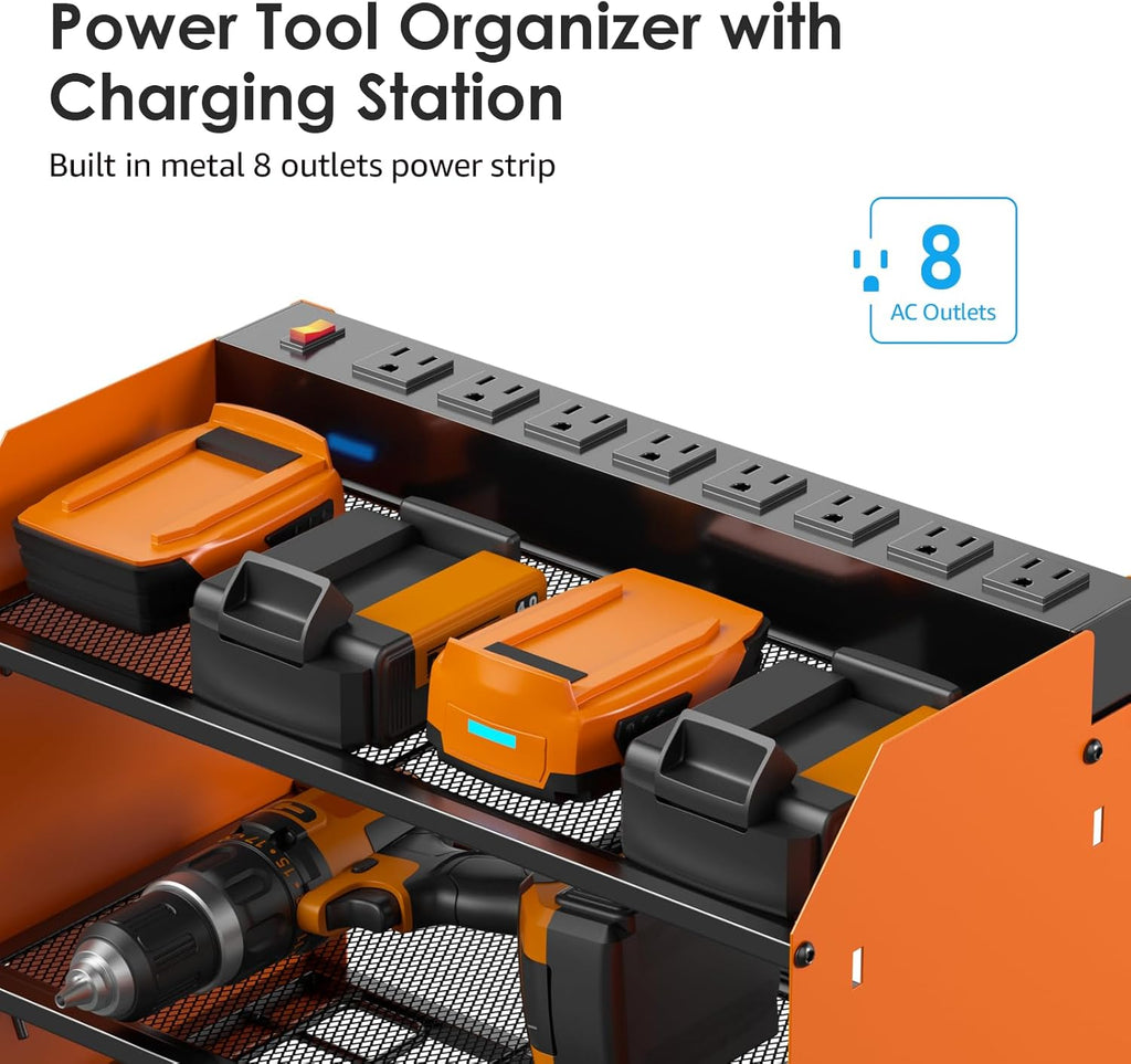 CCCEI Modular Power Tool Organizer Wall Mount with Charging Station. Garage Drill Storage Shelf with Hooks, Heavy Duty Rack, Tool Battery Holder Built in 8 Outlet. Gift for Men. Orange, 1 Pack.